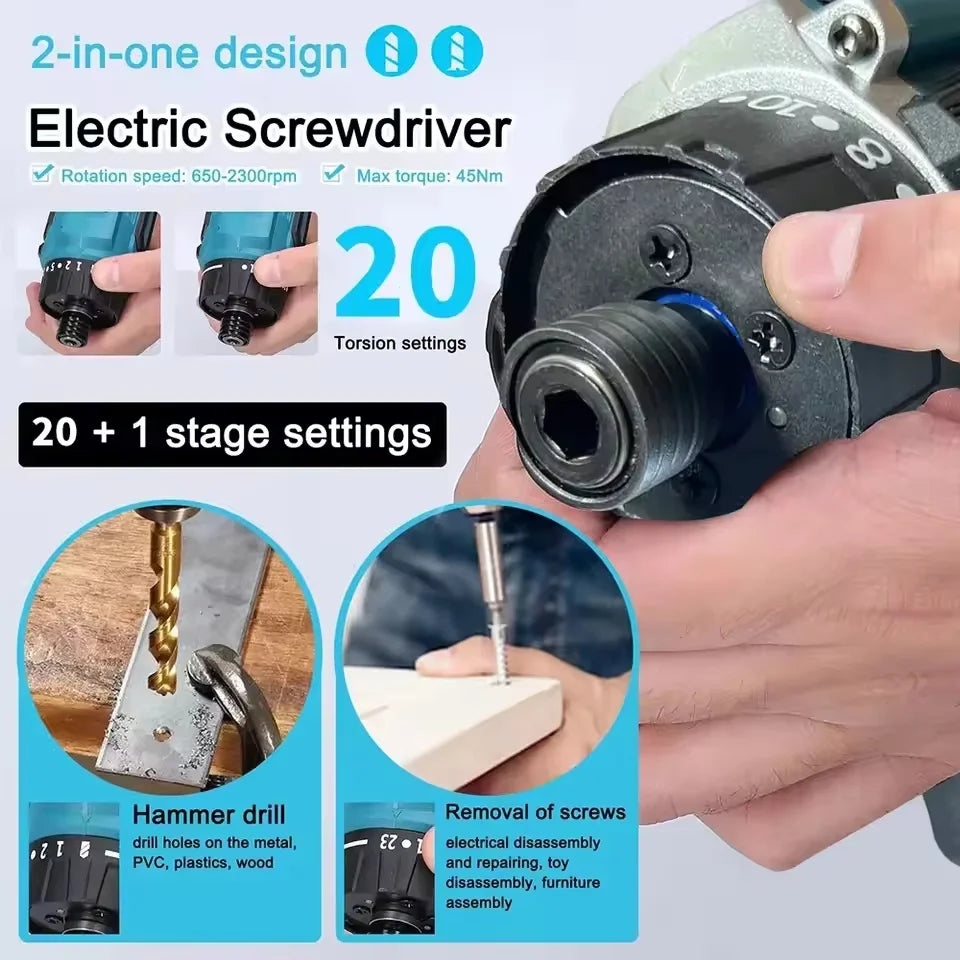 1000W Cordless Electric Screwdriver 20+1 Torque 1/4inch Brushless Electric Drill Power Tool for Makita 18v Battery 280N.m