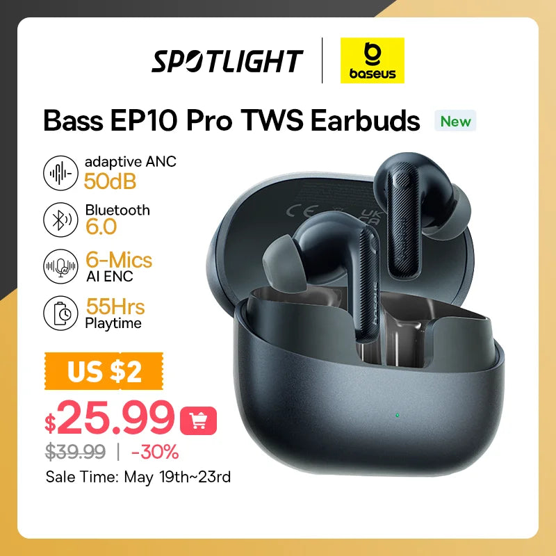 Baseus EP10 Pro ANC Earphones Wireless Bluetooth 6.0 50dB Realtime Adaptive ANC Headphones 6 Mic in-Ear Earbuds Hi-Res LDAC IP55
