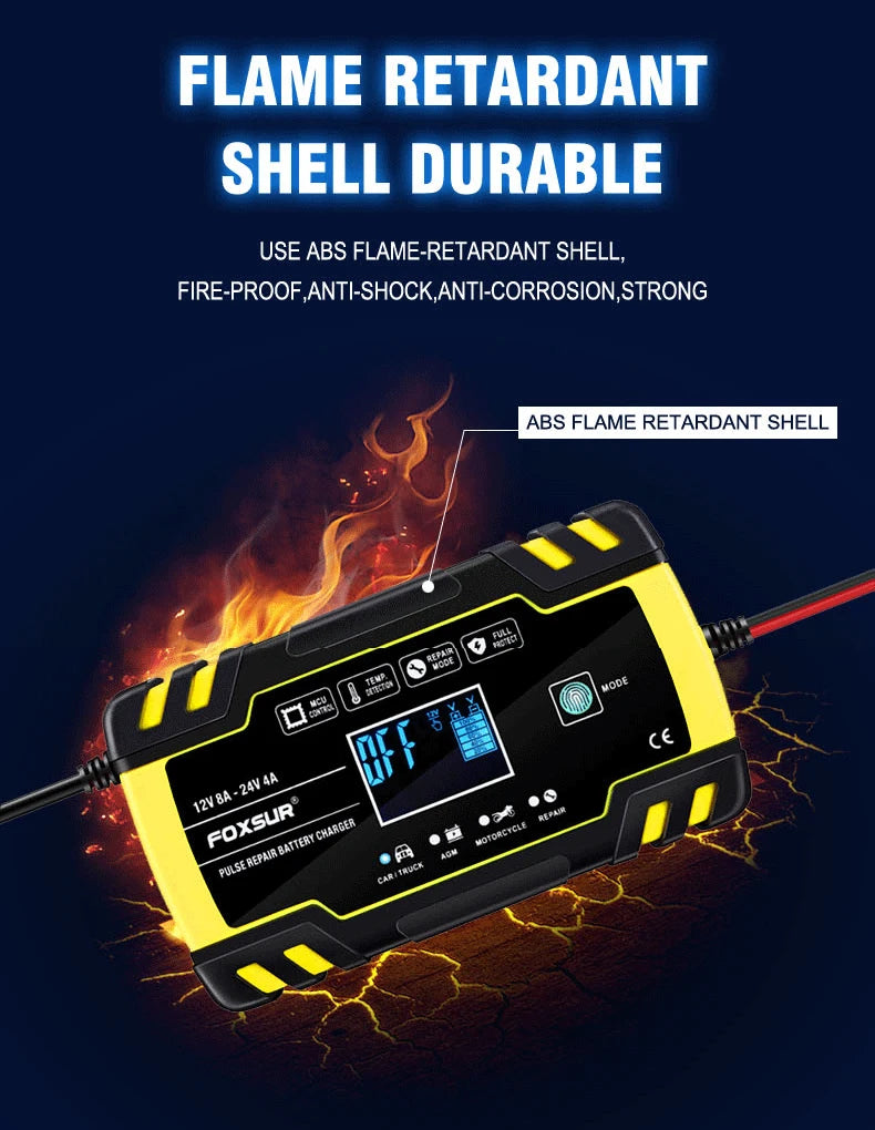 FOXSUR 12V/24V 8A Smart Battery Charger Automatic Start Fast Charger Use For Car Motorcycle Truck Deepcycle Wet Dry Lead Acid