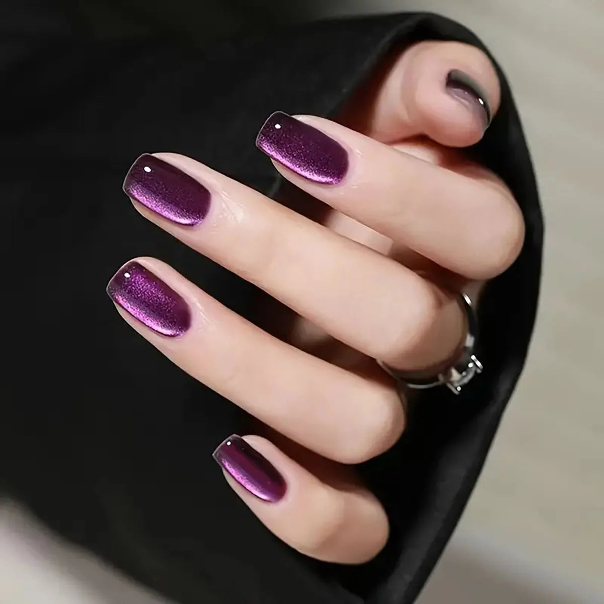 24pcs Cat's Eye Press on Nails Wearing Square Head French Ballet Nail Art Tips for Women Removable False Nails with Jelly Glue