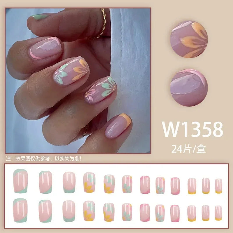 Black Ink Style Fake Nail with Jelly sticker Press on False Nails Wearable Round Head Oval Full Cover Nail Tips