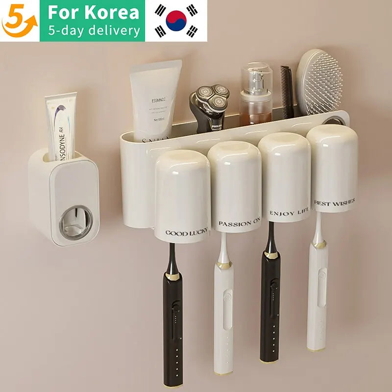 Bathroom Toothbrush Shelf Toiletry Set Storage Automatic Toothpaste Squeezer Wall Mount Toothbrush Holder with No Punch