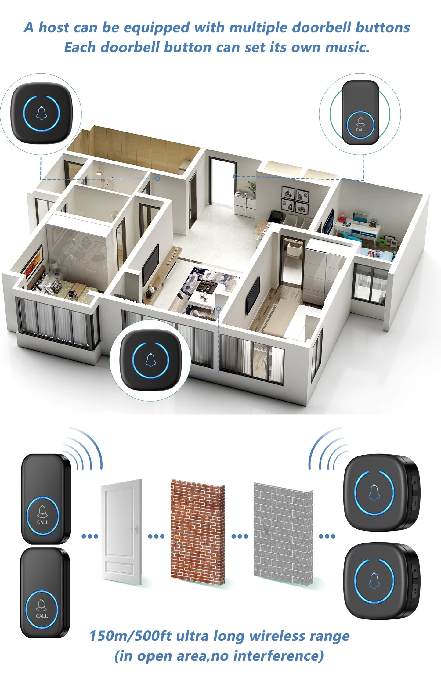 Wireless Doorbell 1000ft Range Loud Enough With 5 Volume Levels Door Welcome Chimes LED Flashing 1 Receivers & 2 Buttons