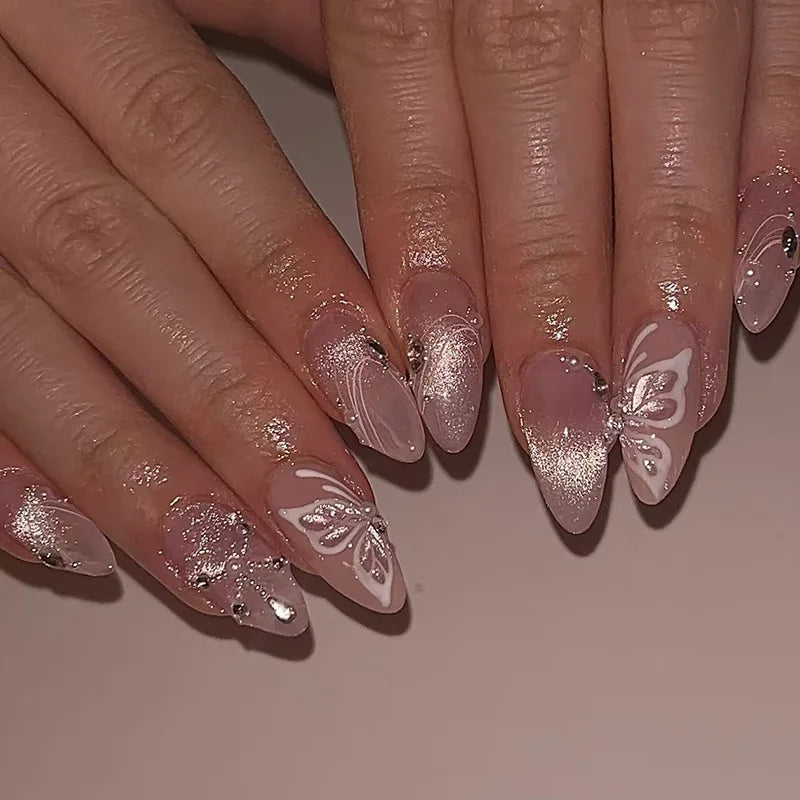 24pcs Black Cat's Eye Press on Nails Finished Ins Wearable False Nail Sets Love Design Stick on Nails Stilettos Fake Nail Tips