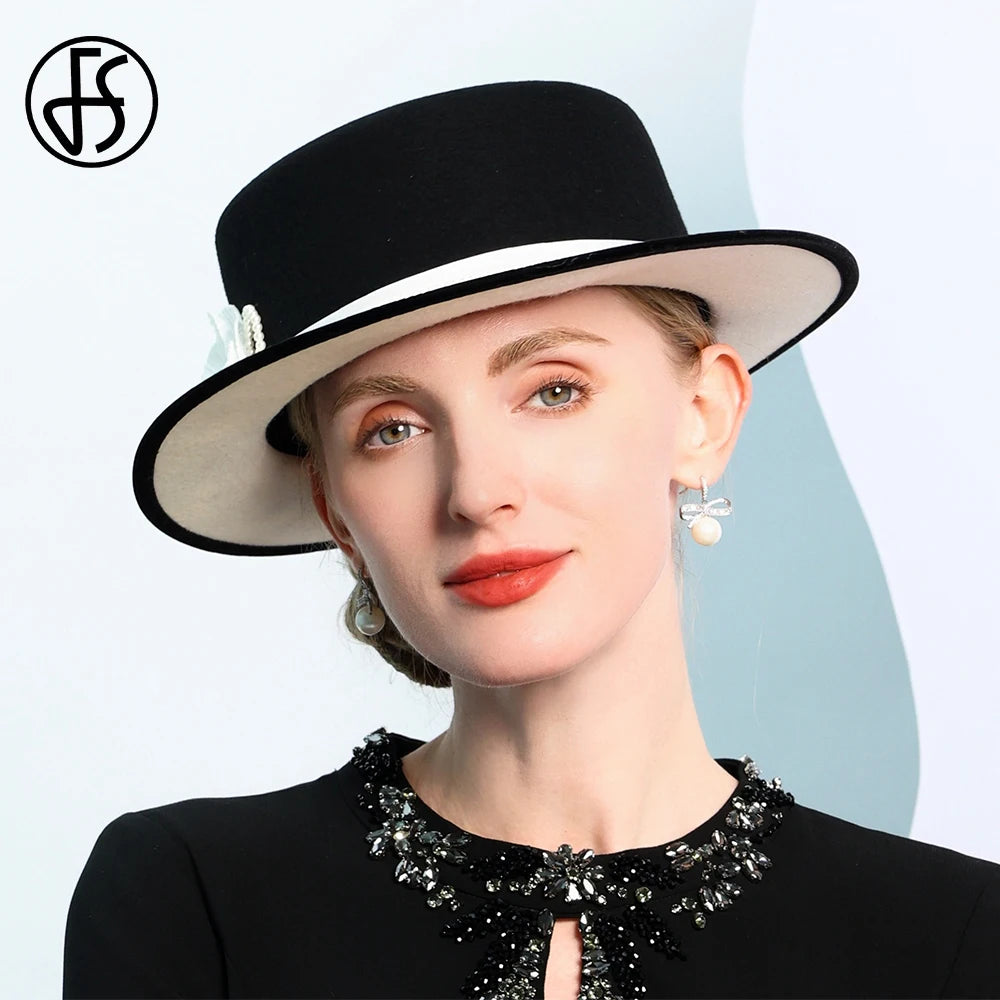 Women's Black/White Flat Top Wool Felt Fedora Hat with Flower Faux Pearl Detail Winter Dress Cap Stylish French Millinery