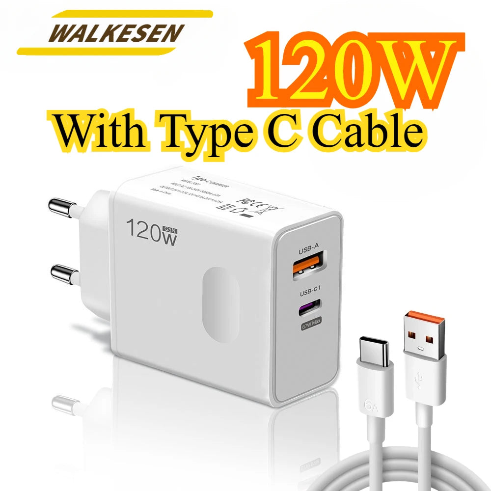 Total 120W USB Type C Fast Charging Charger PD Mobile Phone Quick Charge Wall Adapter for iPhone 15 Xiaomi Samsung GaN Charger