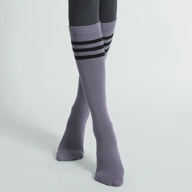 Autumn Winter Women Yoga Socks Striped Cotton Fitness Breathable Pilates Socks Middle Tube Non-Slip Gym Dance Ballet Grip Socks