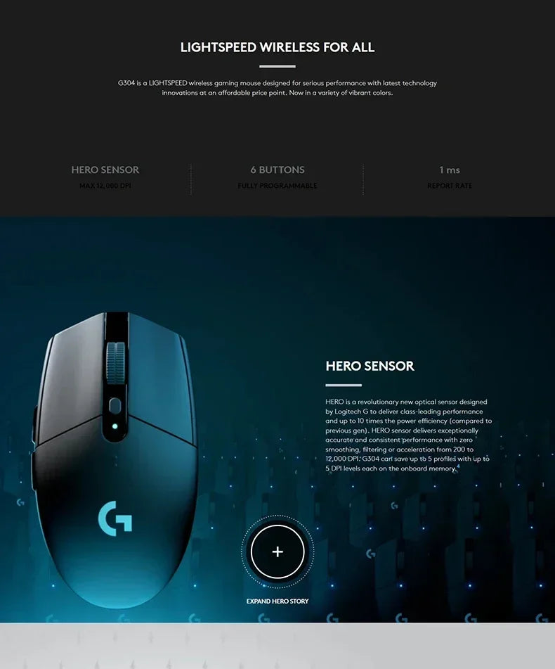 Logitech G304/G305 LIGHTSPEED Wireless Lightweight Gaming Mouse For FPS/MOBA/MMO/RPG/CS2- HERO Sensor 12K DPI, 6 Programmable
