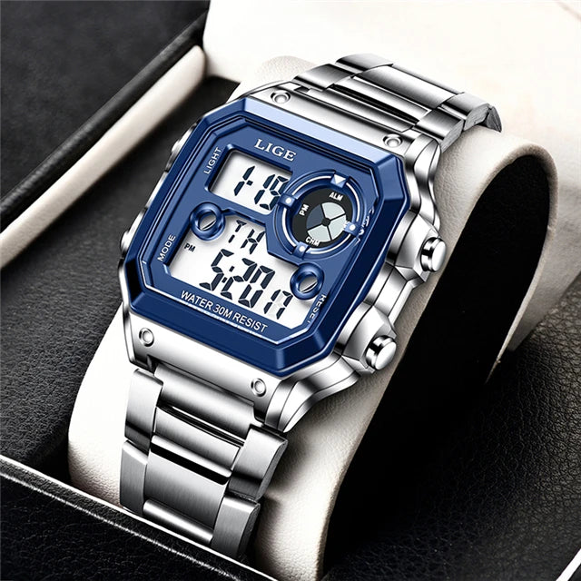 LIGE New Sport Mens Watches FOXBOX Brand Luxury Square Watch For Men Fashion Waterproof Dual Display Watch Relogio Masculino+box