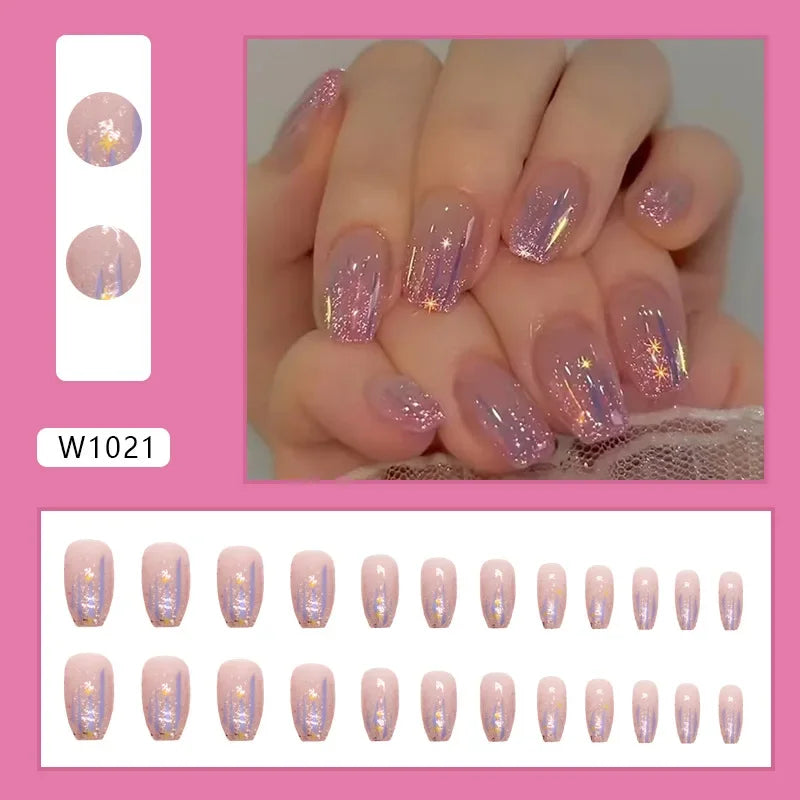 Gold Pink Wine Red 24 Pcs Fake Nail with Jelly sticker Press on False Nails Wearable Round Head Oval Full Cover Nail Tips