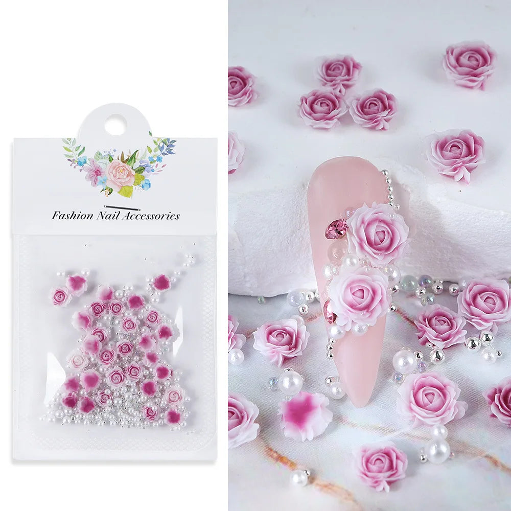 30 pcs gradient carved rose nail ornaments with steel bead pearl nail accessories