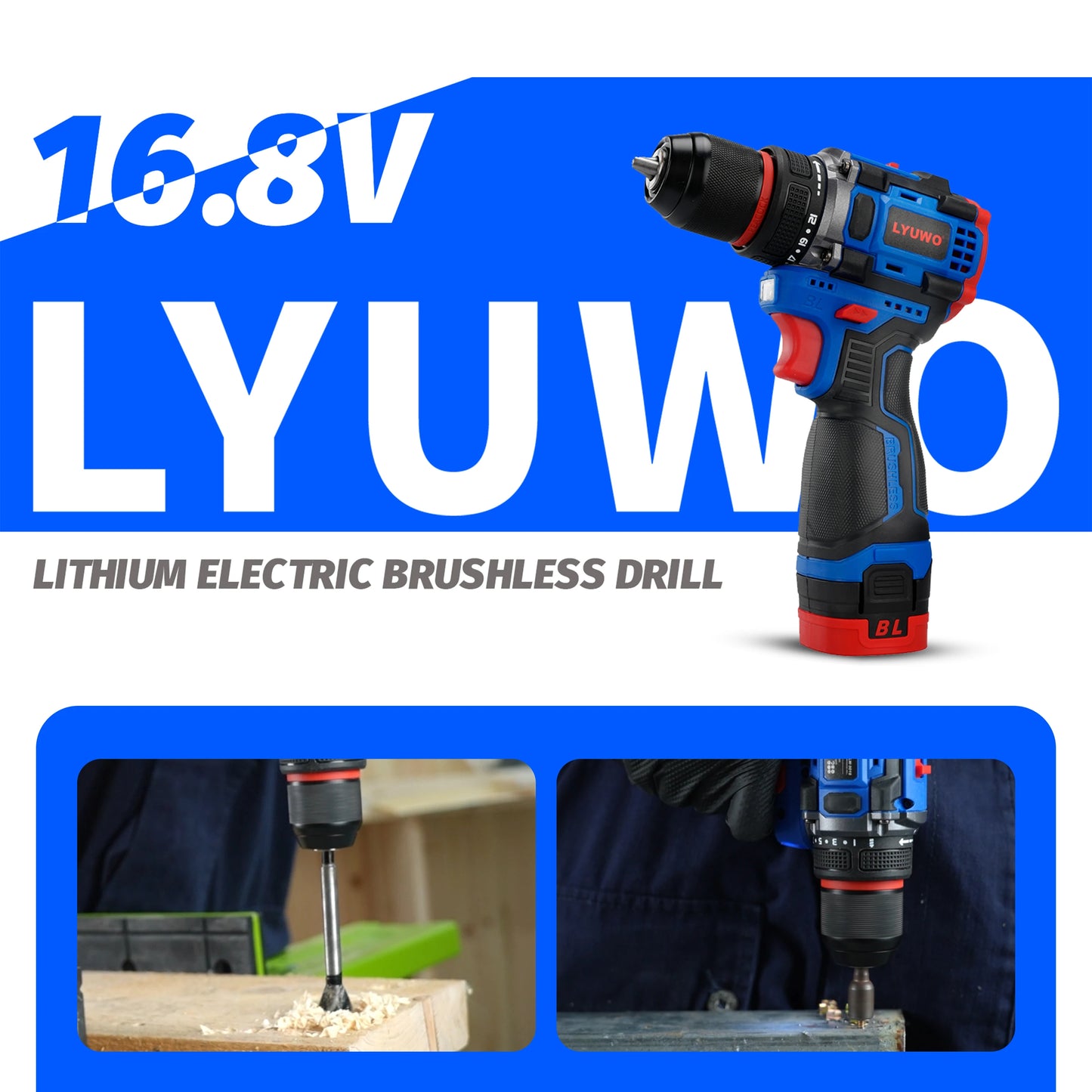LYUWO 16V Brushless Cordless Drill 70N.m Self-locking Chuck Electric Screwdriver 20+1 Torque Settings 2-Speeds Power Tools
