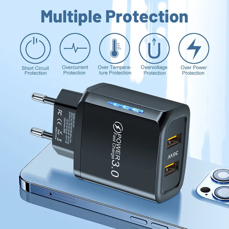 36W USB Mobile Phone Charger Quick Charge 3.0 Fast Charging Adapter For iPhone 16 15 pro Max Xiaomi 14 Samsung Huawei Chargers