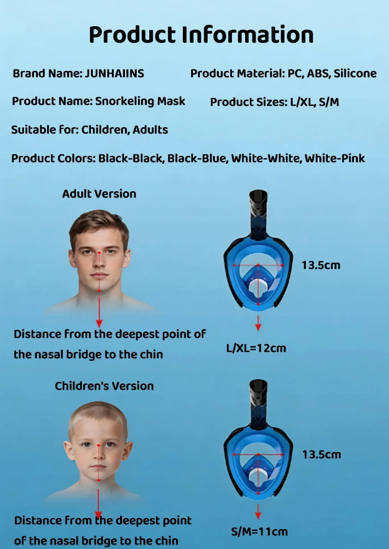 Full Face Snorkel Mask 180° Panoramic View Dry Top Snorkel Anti-Fog Leak-Proof Safe Breathing Swimming Diving Gear for Adults