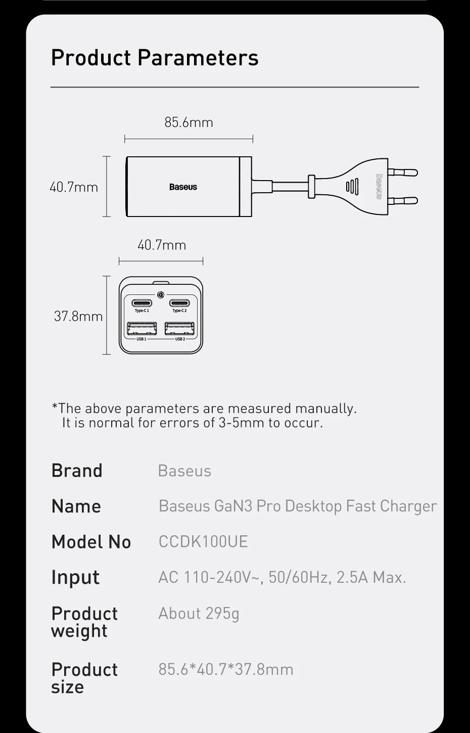 Baseus GaN3 100/ 65W Desktop Charger Quick Charge QC 3.04.0 USB C Type C Phone Charger For iPhone15 Huawei Xiaomi MacBook Laptop