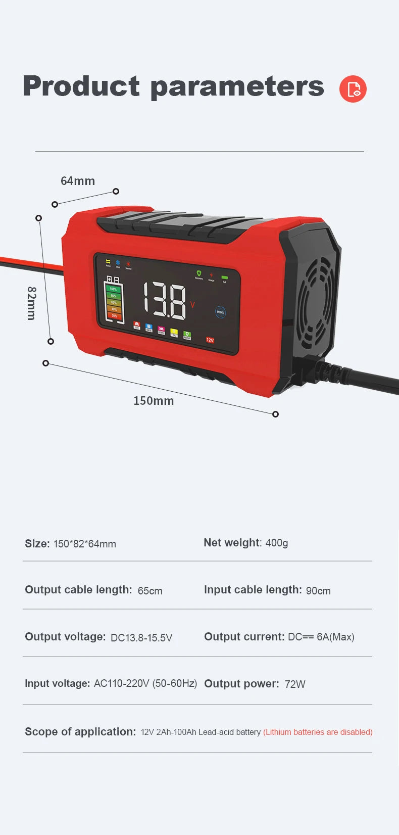 12V 6A Fully Automatic Car Battery Charger Smart Pulse Repair Color Screen for AGM GEL WET Lead Acid Charger LCD Display