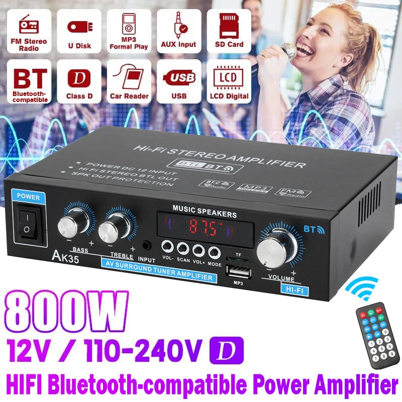 AK45/AK35 800W Home Power Amplifier 2 Channel Bluetooth 5.0 Mini Hifi Digital Stereo Sound Amplifier Support FM USB SD Mic input