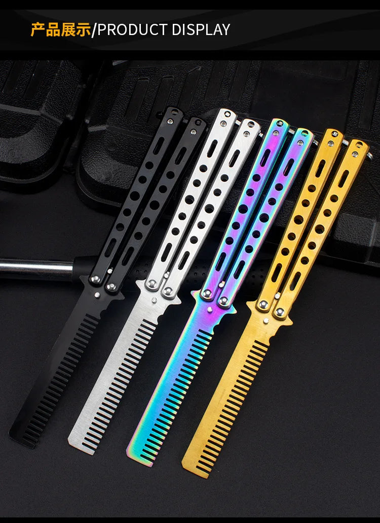 Foldable Comb Stainless Steel Practice Training Butterfly Knife Comb Beard Moustache Brushe Salon Hairdressing Styling Tool