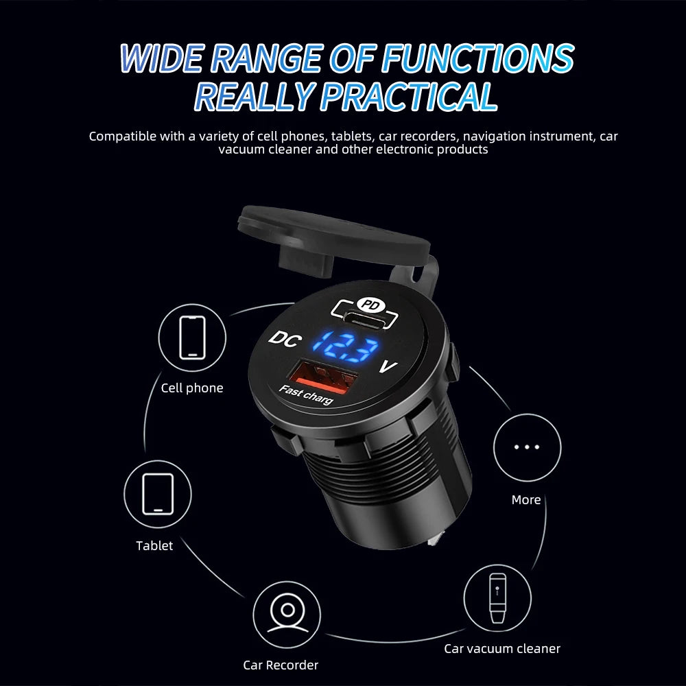 60W PD QC3.0 Car Charger Socket with Voltage Meter Quick Charge 3.0 Socket Power Outlet for 12V/24V Motorcycle Truck Boat