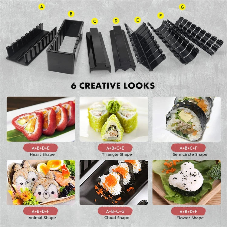 10 Pcs Sushi Maker Kit DIY Sushi Mold Press with Sushi Rice Roll Mold Sushi Maker Rice Roll Mold KC0473