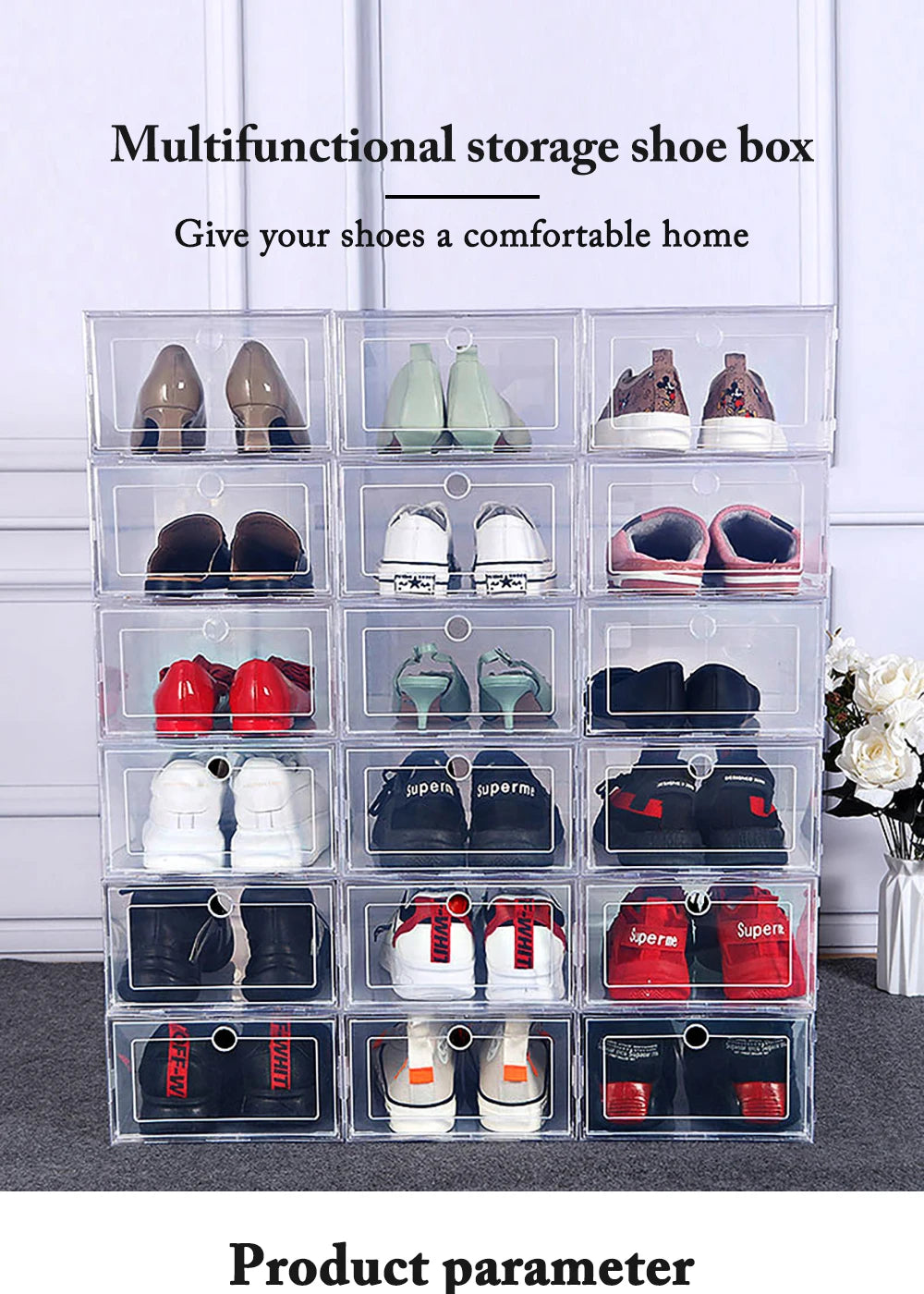 6 Pack Transparent shoe box shoes organizers thickened foldable Dustproof storage box Stackable combined shoe cabinet Sale