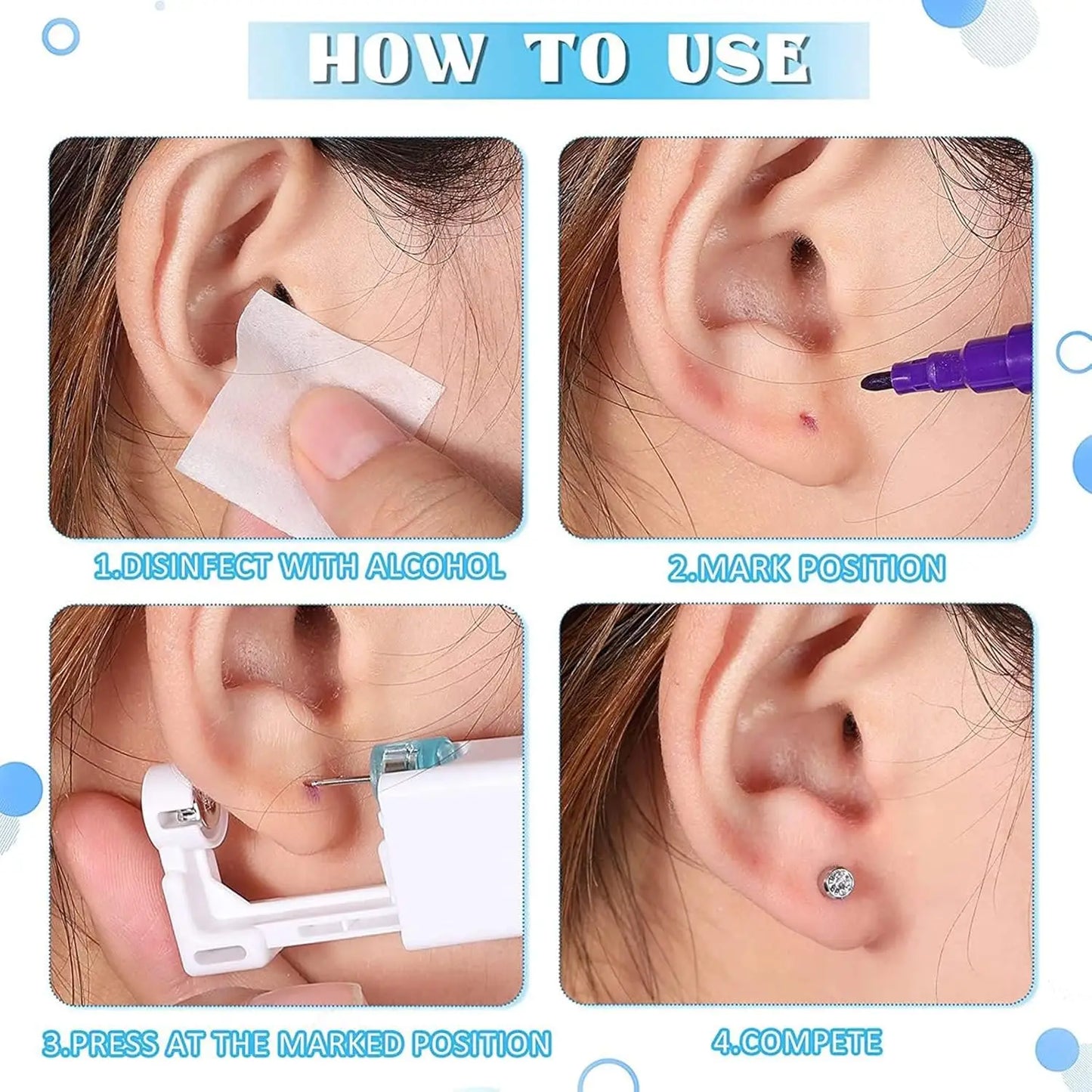 2PCS Disposable Ear Piercing Gun with Built-in Ear Studs & 2pcs Cubic Zirconia Earrings-For Home Use Ear Piercing Kit