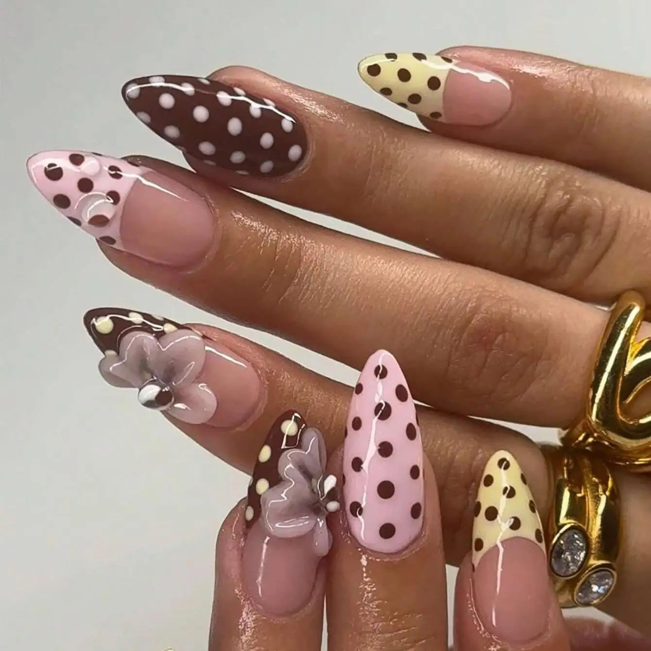 24PCS 3D Sweet Pink Flower Almond Press on False Nails with Yellow French Diamonds Fake Nails Artificial Wearable Tips with Glue