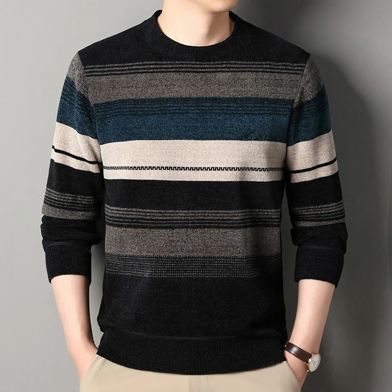 Mens Thickened Sweater Stripe Velvet Pullover Men's Winter Clothes Elegant Luxury Brand Fashion Knitted Sweaters