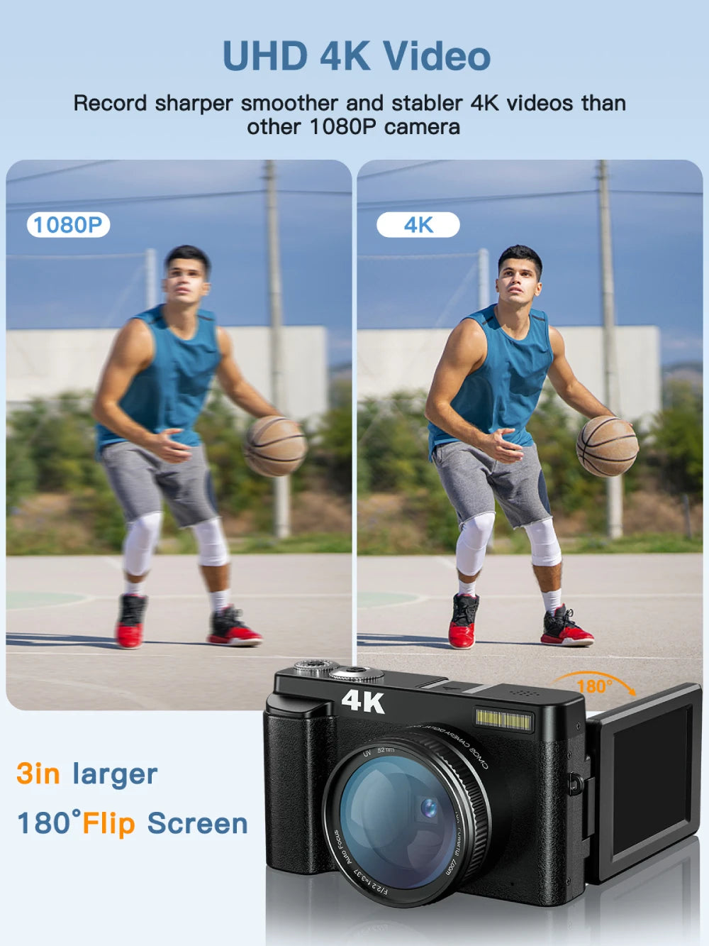 Digitale camera 4K, 48 MP autofocus vlogcamera met 32 GB kaart