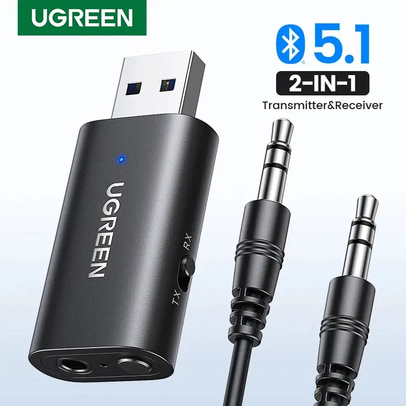 UGREEN 2 in 1 Bluetooth Car Adapter Bluetooth 5.1 Stereo Transmitter Receiver Wireless USB 3.5mm Aux Jack Adapter Car Kit Mic