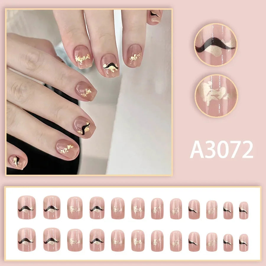 Watercolor Rose Fake Nail with Jelly sticker Press on False Nails Wearable Round Head Oval Full Cover Nail Tips