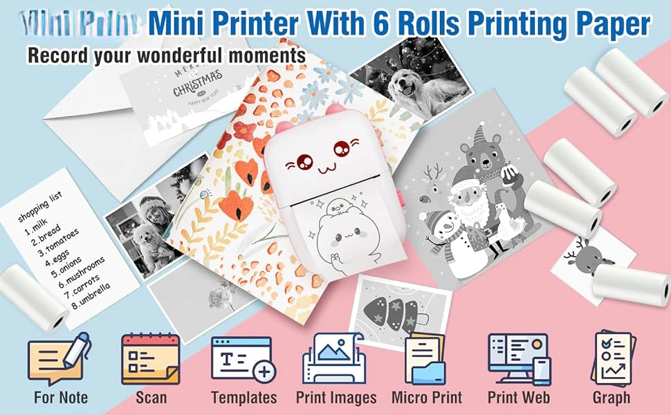 Portable Mini Printer Pocket Mini Thermal Printer with 6 Roll Printing Paper Compatible with iOS Android Inkless Photo Printer