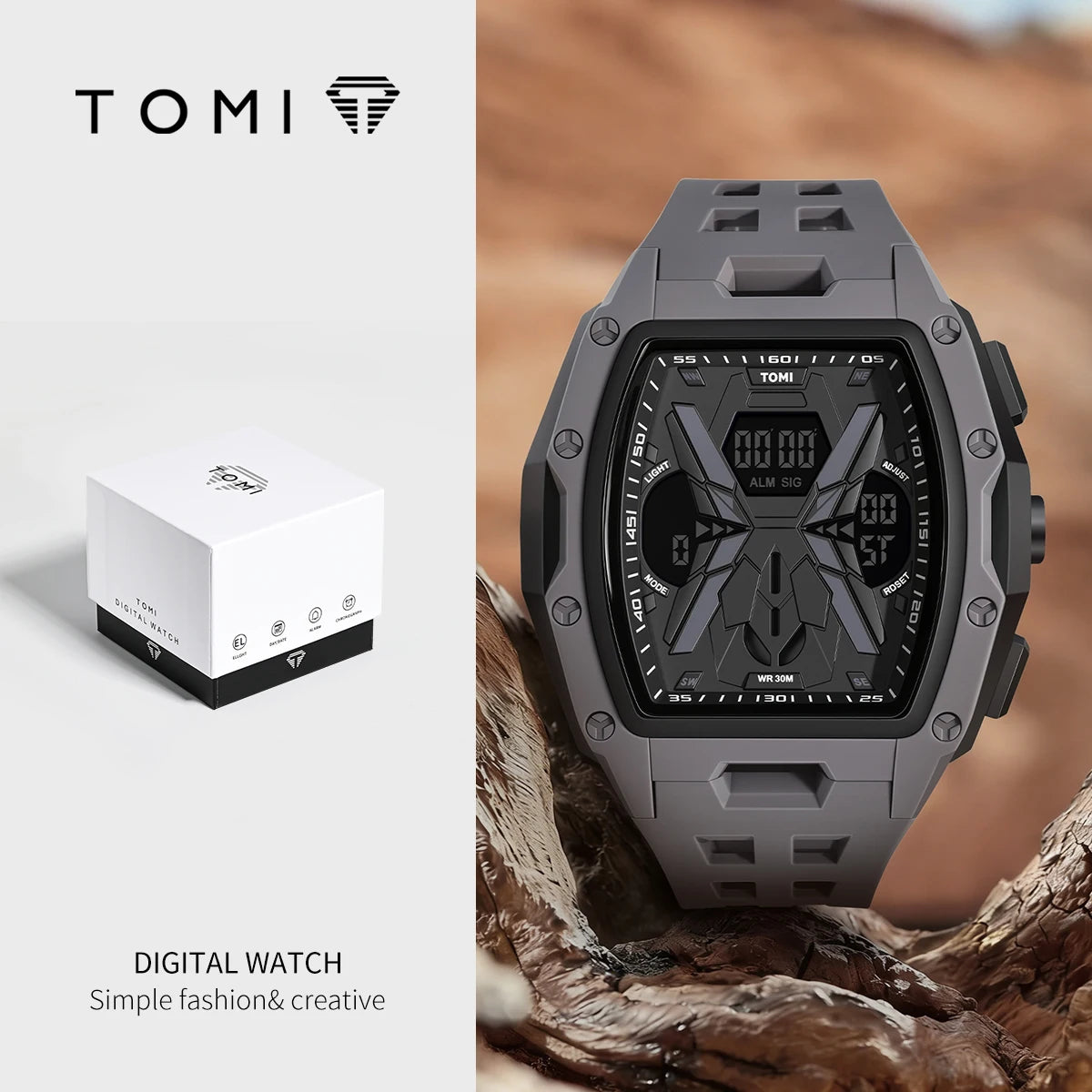 TOMI  Sports Men Mecha Dual Display Watch, Analog Digital Dual Dial, Backlight Alarm Stopwatch, Hollow Breathable Silicone Strap
