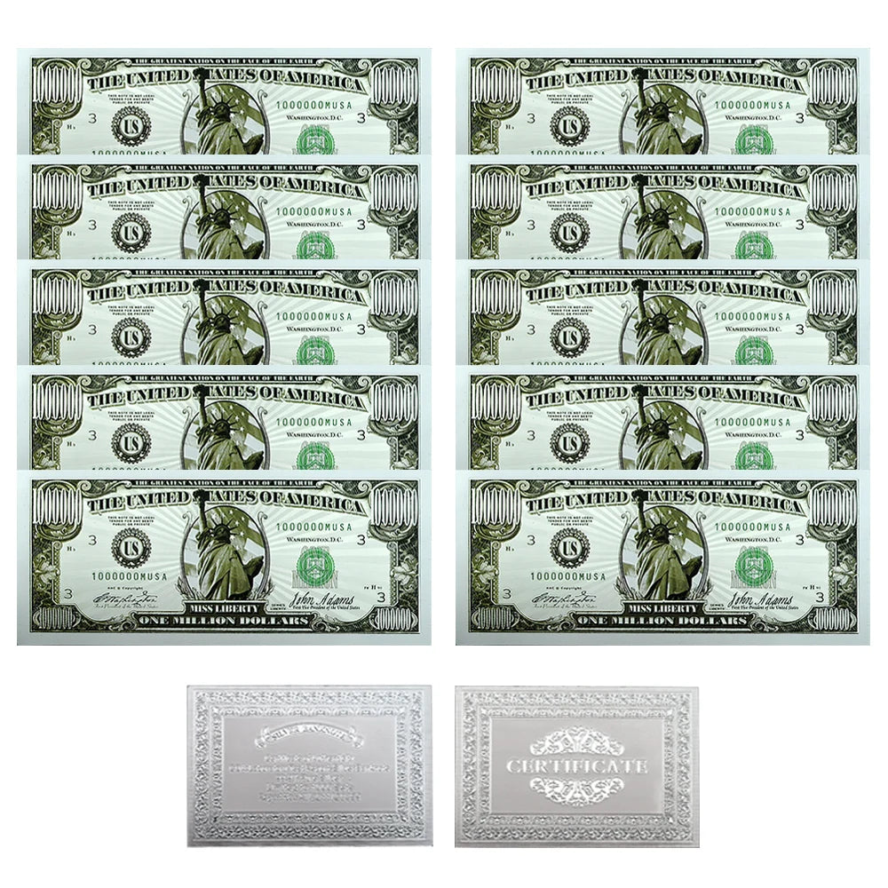 10pcs US Statue of Liberty Silver Banknotes One Million Dollars Bills Commemorative Bank Notes Home Decor Crafts