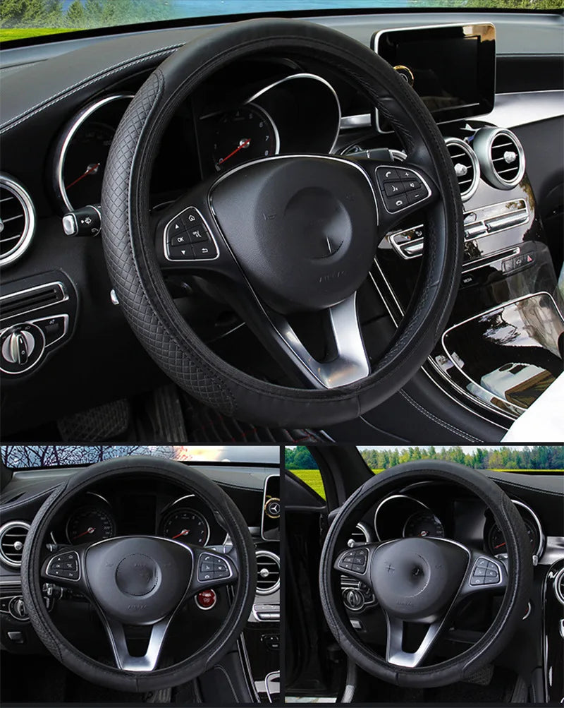 Black automobile steering wheel cover, dynamic fiber leather, double round elastic, no inner ring, elastic belt handle cover
