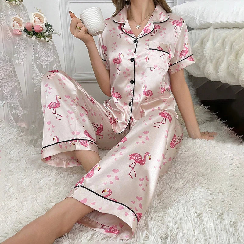 Satin Pajamas For Women Home Clothes Autumn Short Sleeve Turn-down Collar Tops Pants Sleepwear Flamingo Print Pyjama 2 Piece Set