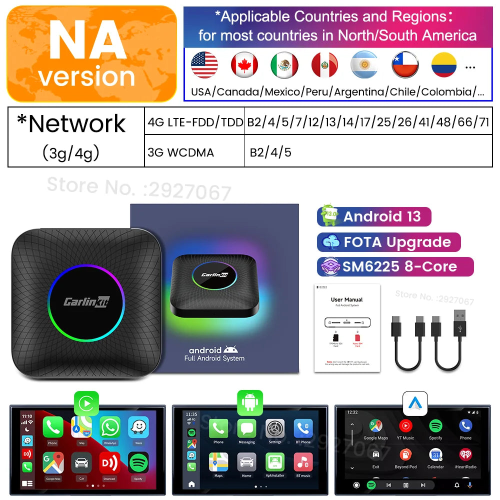 CarlinKit CarPlay Ai Box Android 13 SM6225 8 cores 8G+128G for Netflix Smart TV Box Wireless CarPlay Android Auto 512GB via TF