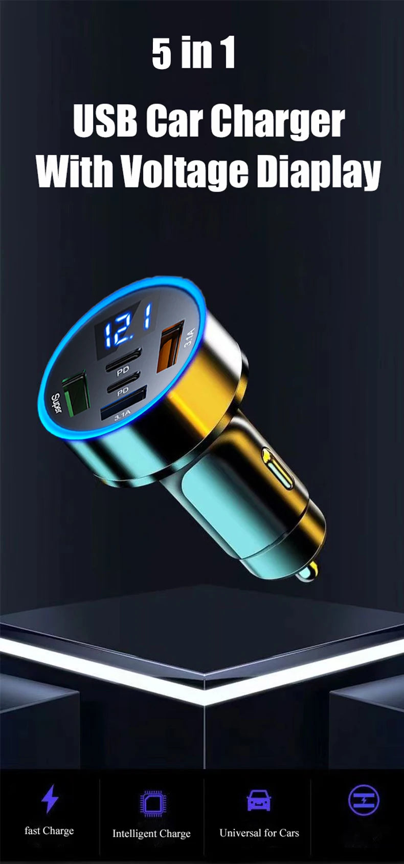 UYUXIO 5 in 1 USB Car Phone Charger Adapter with Voltage Display Dual PD Port Super Fast Charge for iPhone Samsung Huawei OPPO