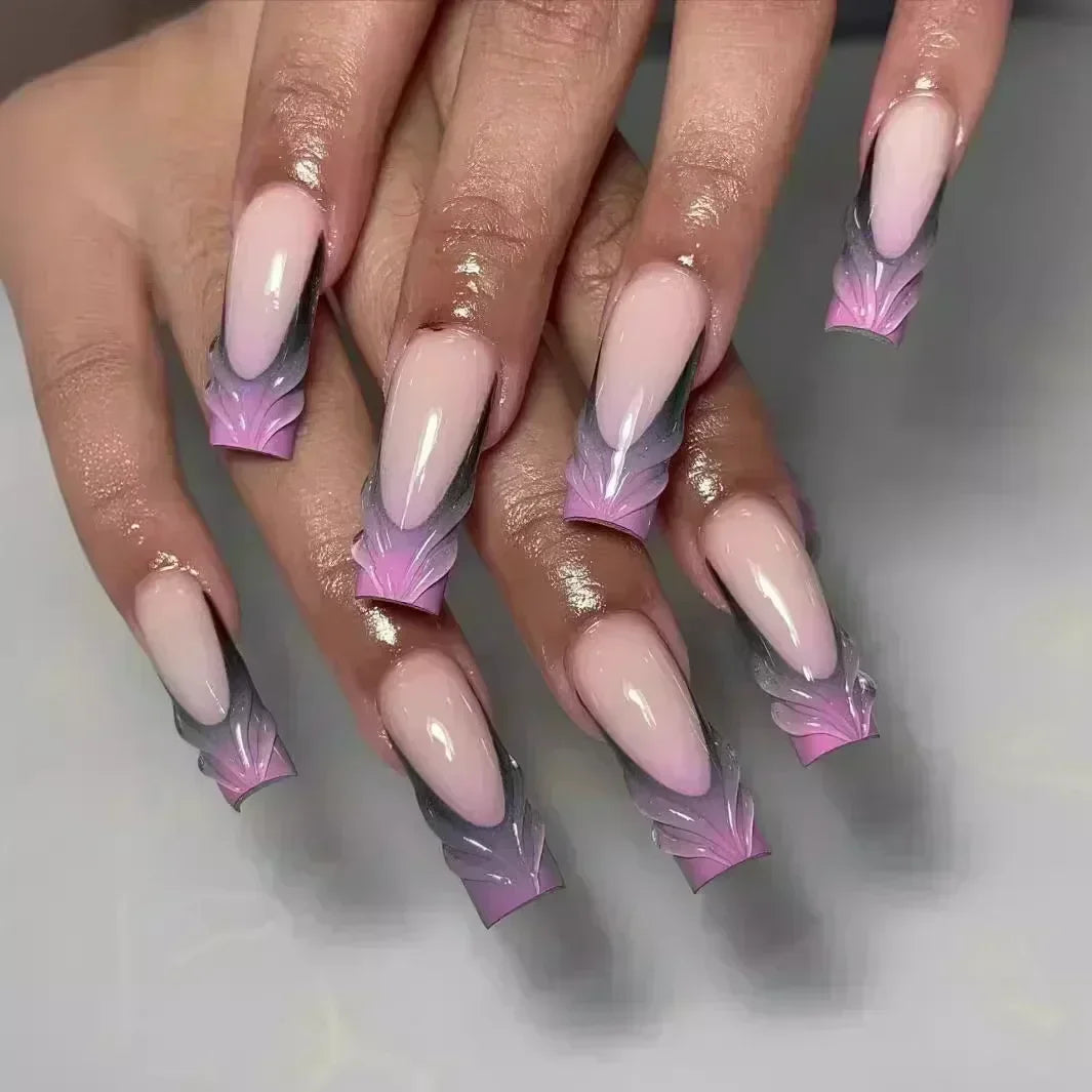 24Pcs Full Cover False Nails with Glue Long Square Coffin Fake Nails French Detachable Ballet Love Pattern Design Press on Nails