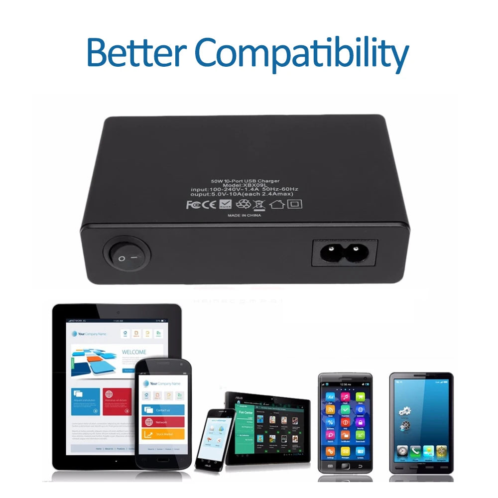60/65W USB Charger Station 10 Port Desktop USB Fast Charger for Smart USB Charger for Multiple Devices Smart Phone Tablet Laptop