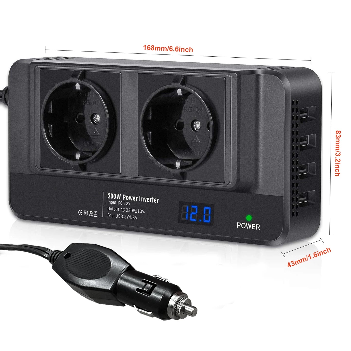 Car 200W Inverter DC To AC 12V to 220V 4 USB AC EU Socket Auto Mounted Inverter Accessories Cigarette Lighter 400W Peak Power