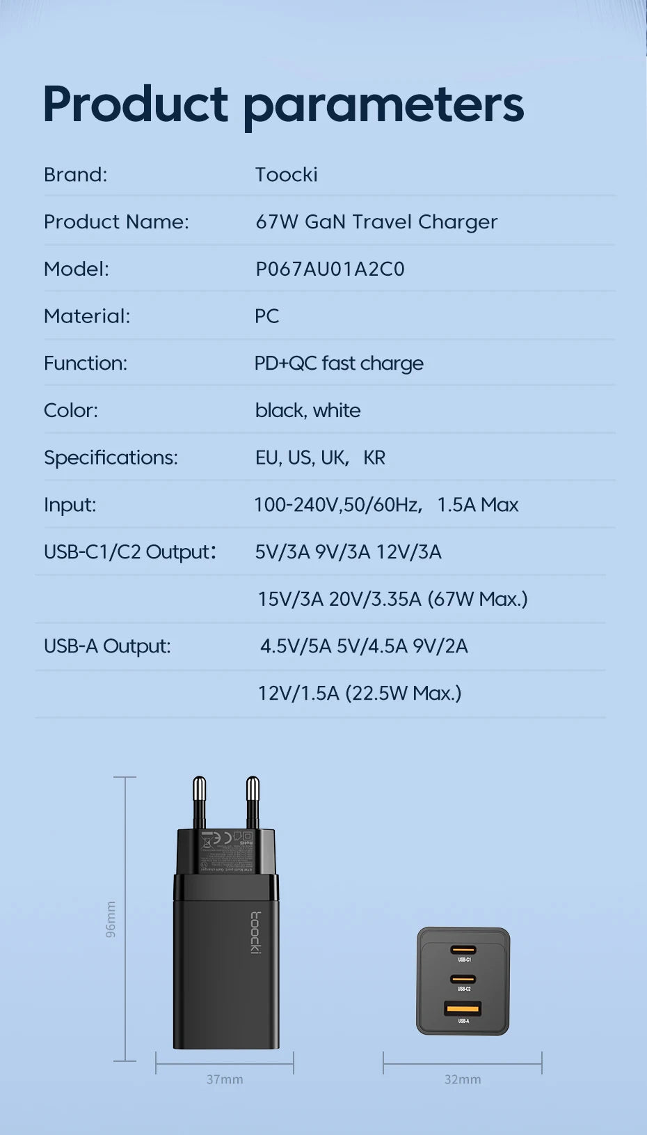 Toocki 67W GaN USB C Charger 65W Quick Charge QC 4.0 PD 3.0 45W Type C Fast USB Charger For iPhone 16 15 14  Pro Samsung MacBook