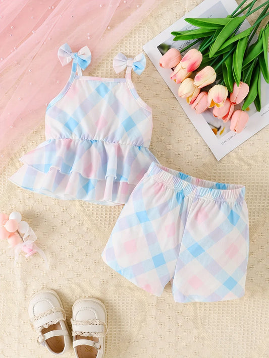 2 Pieces Summer GirlsFashion Plaid Halter Skirt + Shorts Casual Comfort Seaside Vacation Breathable Suit