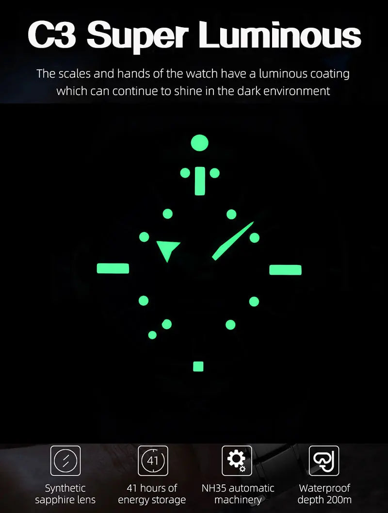 SEA KNIGHT Men Diving Watch 200M Waterproof C3 Luminous 316L Steel Mesh Belt Sapphire Crystal NH35A Automatic Mechanical Watch