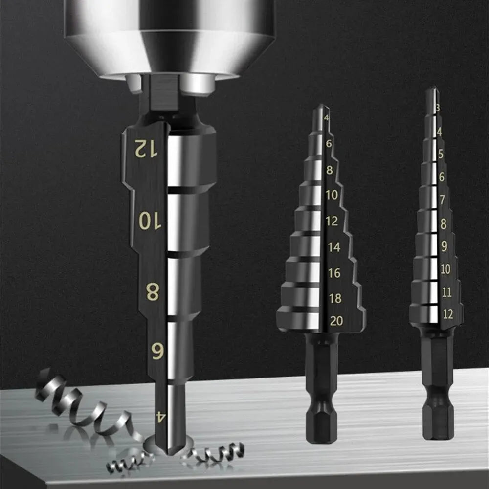 3PCS Hss Steel Titanium Coated Step Drill Bits 3 12mm 4 12mm 4 20mm Step Cone Cutting Tools Steel Wood Metal Drilling Power Set