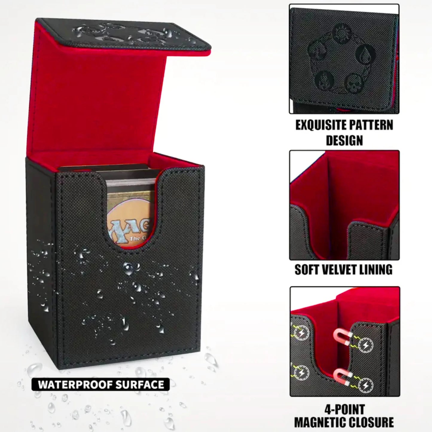 MTG Card Deck Box, Copyrighted Design，Fits 100+ Single Sleeved Cards, Magnetic Closure PU Leather Card Box for TCG Cards