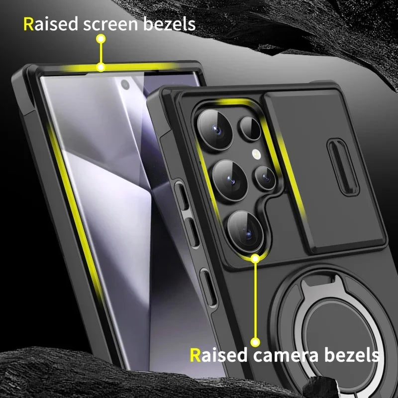 Case For Samsung Galaxy S25 Note 20 Ultra Plus A56 A36 A26 A05 A05S Slide Camera Protect Magnetic holder Armor Shockproof Cover