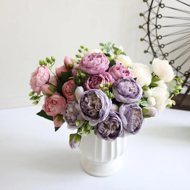 Hot Selling 1pcs/30cm Rose Pink Silk Bouquet Peony Artificial Flower 5 Big Head 4 Small Bud Bride Wedding Home Decoration Artifi