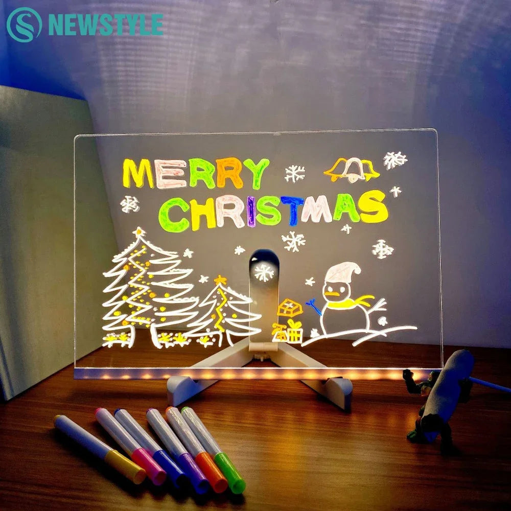 Light Up Acrylic Message Board Rewritable DIY Children's Glowing Drawing Board Message Lamp With Colorful Pens