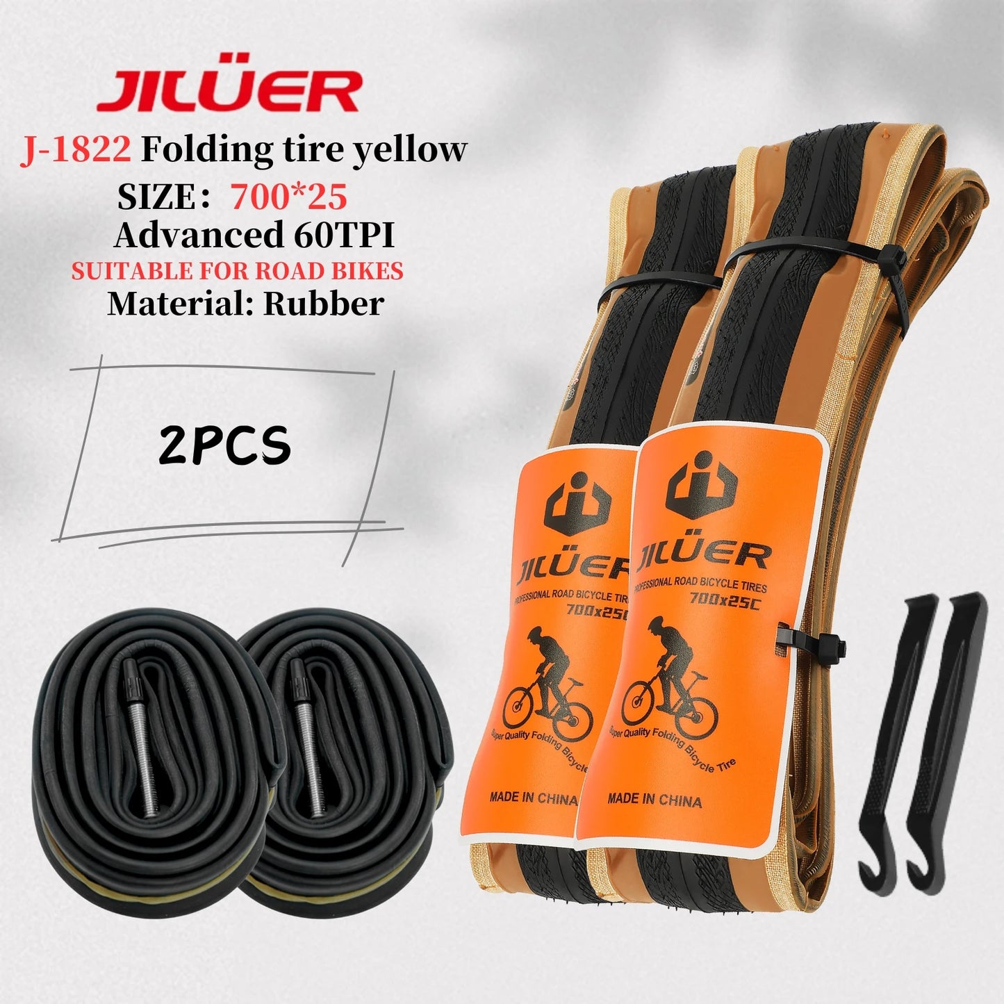 High-Performance 700C Road Bike Tires - 60TPI Puncture Resistant & Foldable Black/Yellow, Ultralight Bike Inner Tube 700x25c